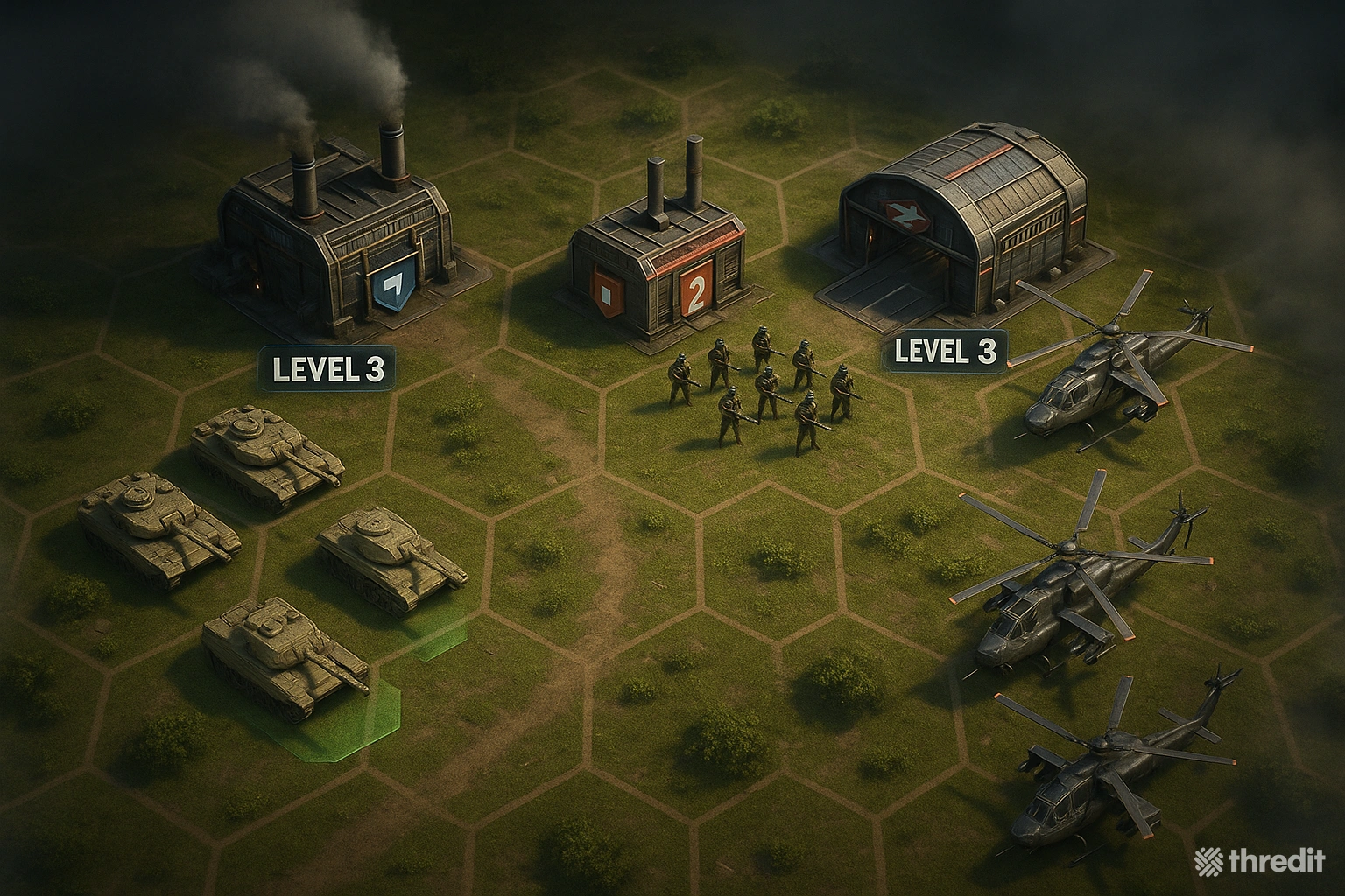 A fictional real-time strategy video game scene with unit factories for tanks, infantry, and aircraft