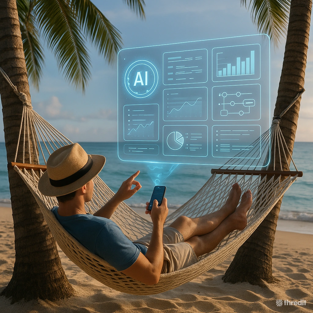 Beach scene with person relaxing in hammock interacting with futuristic device